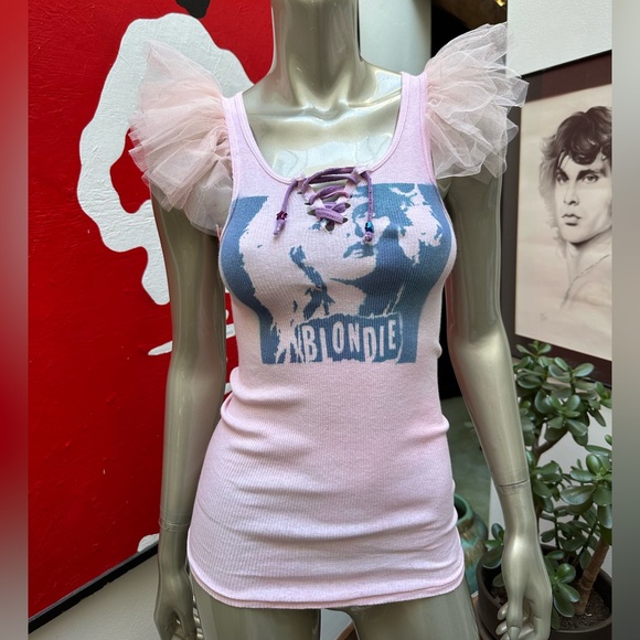 BLONDIE inspired 80s singer distressed rocking ribbed graffiti soft tank top S - Picture 5 of 17